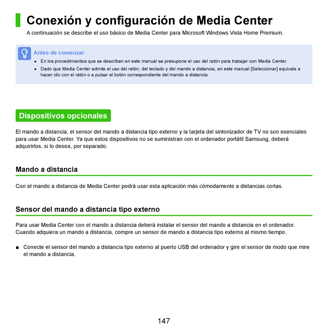 Samsung NP-X65A002/SES manual Conexión y configuración de Media Center, Dispositivos opcionales, 147, Mando a distancia 