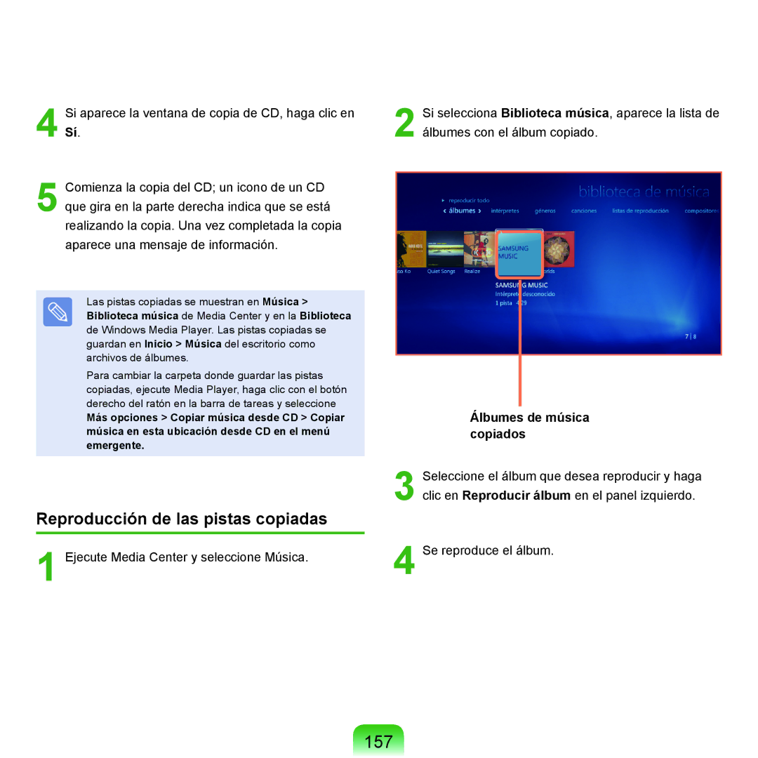 Samsung NP-X65A001/SES, NP-X65A002/SES, NP-X65A000/SES 157, Reproducción de las pistas copiadas, Álbumes de música copiados 