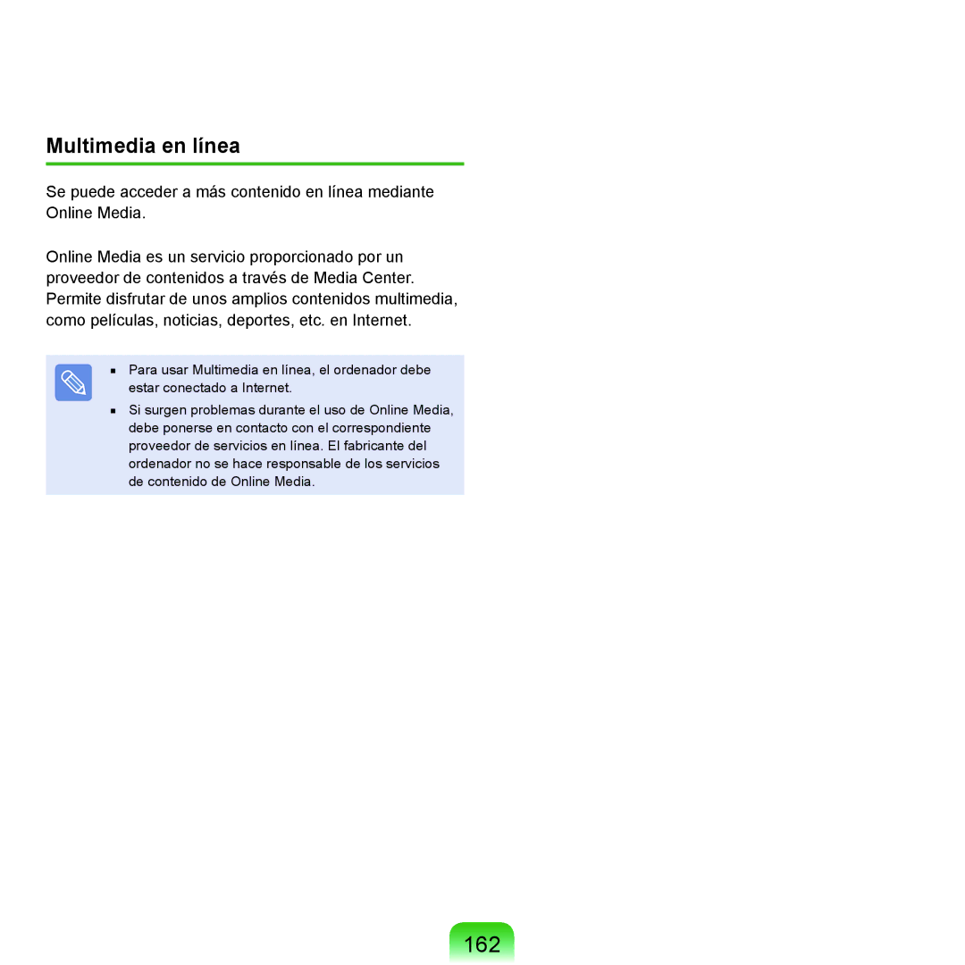 Samsung NP-X65A003/SES, NP-X65A002/SES, NP-X65A000/SES, NP-X65A001/SES manual 162, Multimedia en línea 