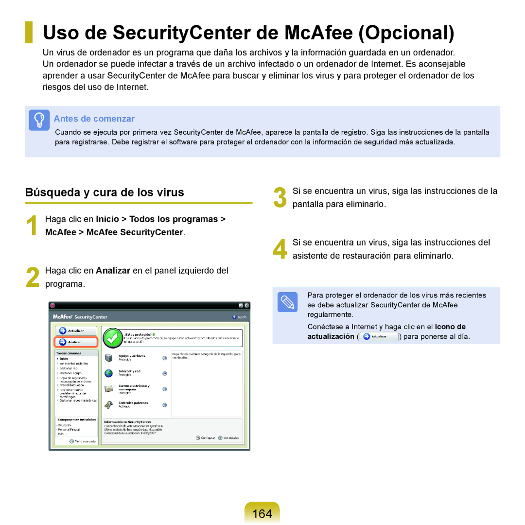 Samsung NP-X65A000/SES manual Uso de SecurityCenter de McAfee Opcional, 164, Búsqueda y cura de los virus, Actualización 