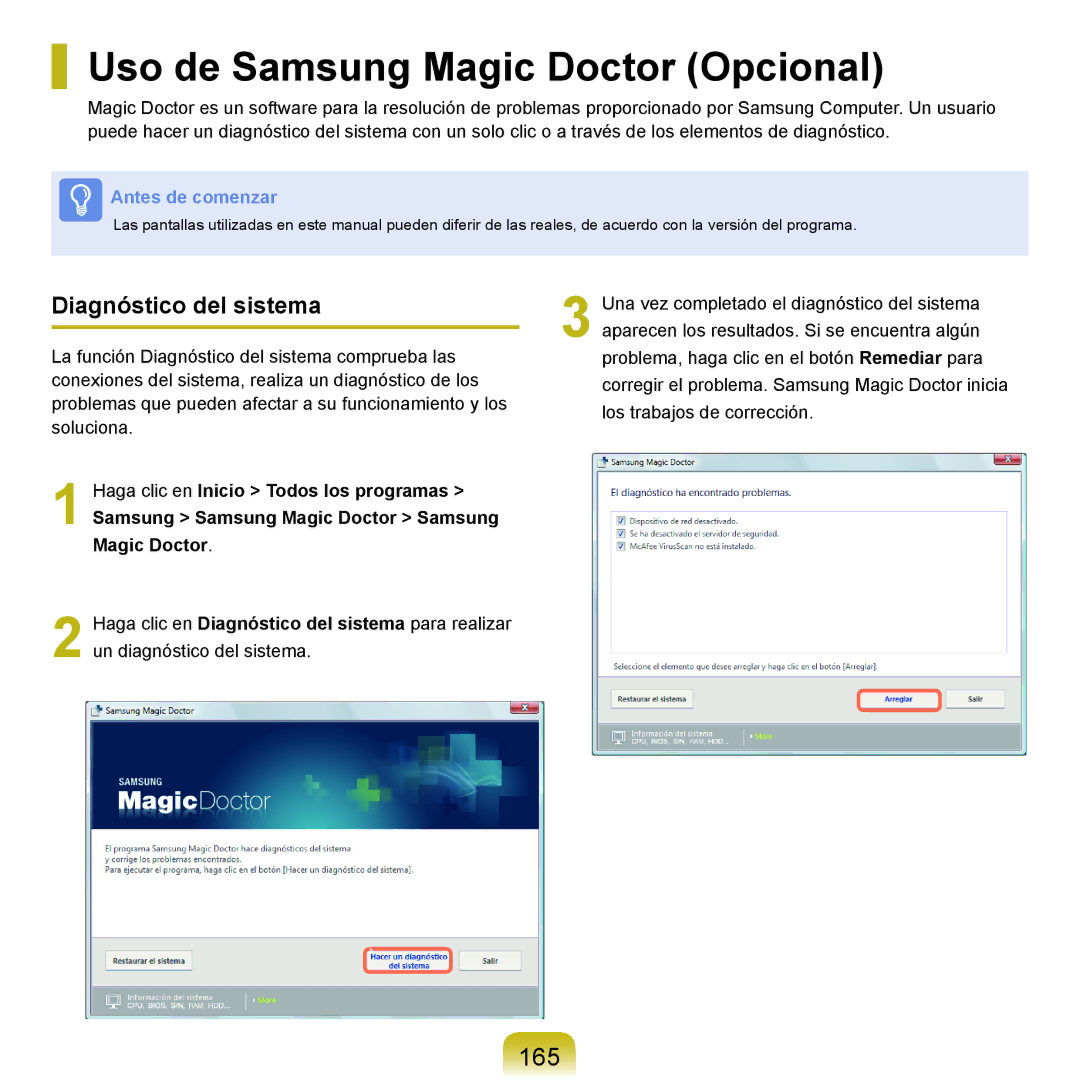 Samsung NP-X65A001/SES, NP-X65A002/SES, NP-X65A000/SES Uso de Samsung Magic Doctor Opcional, 165, Diagnóstico del sistema 