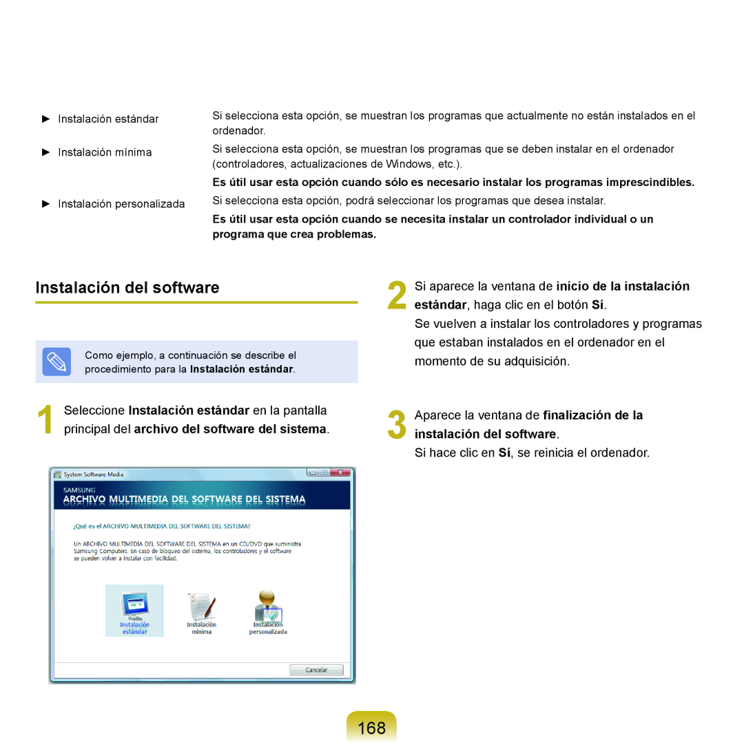 Samsung NP-X65A000/SES, NP-X65A002/SES, NP-X65A001/SES, NP-X65A003/SES manual 168, Instalación del software 
