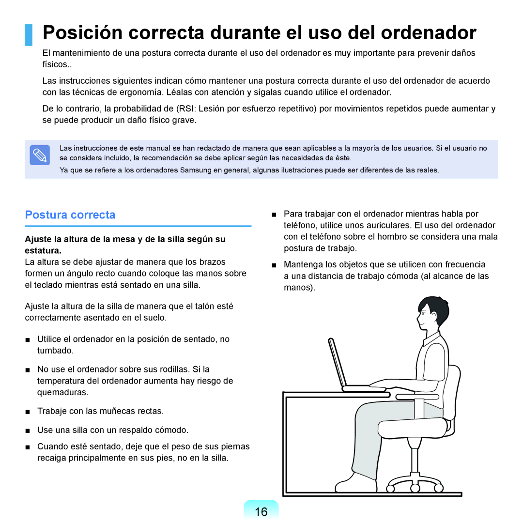 Samsung NP-X65A000/SES, NP-X65A002/SES, NP-X65A001/SES Posición correcta durante el uso del ordenador, Postura correcta 