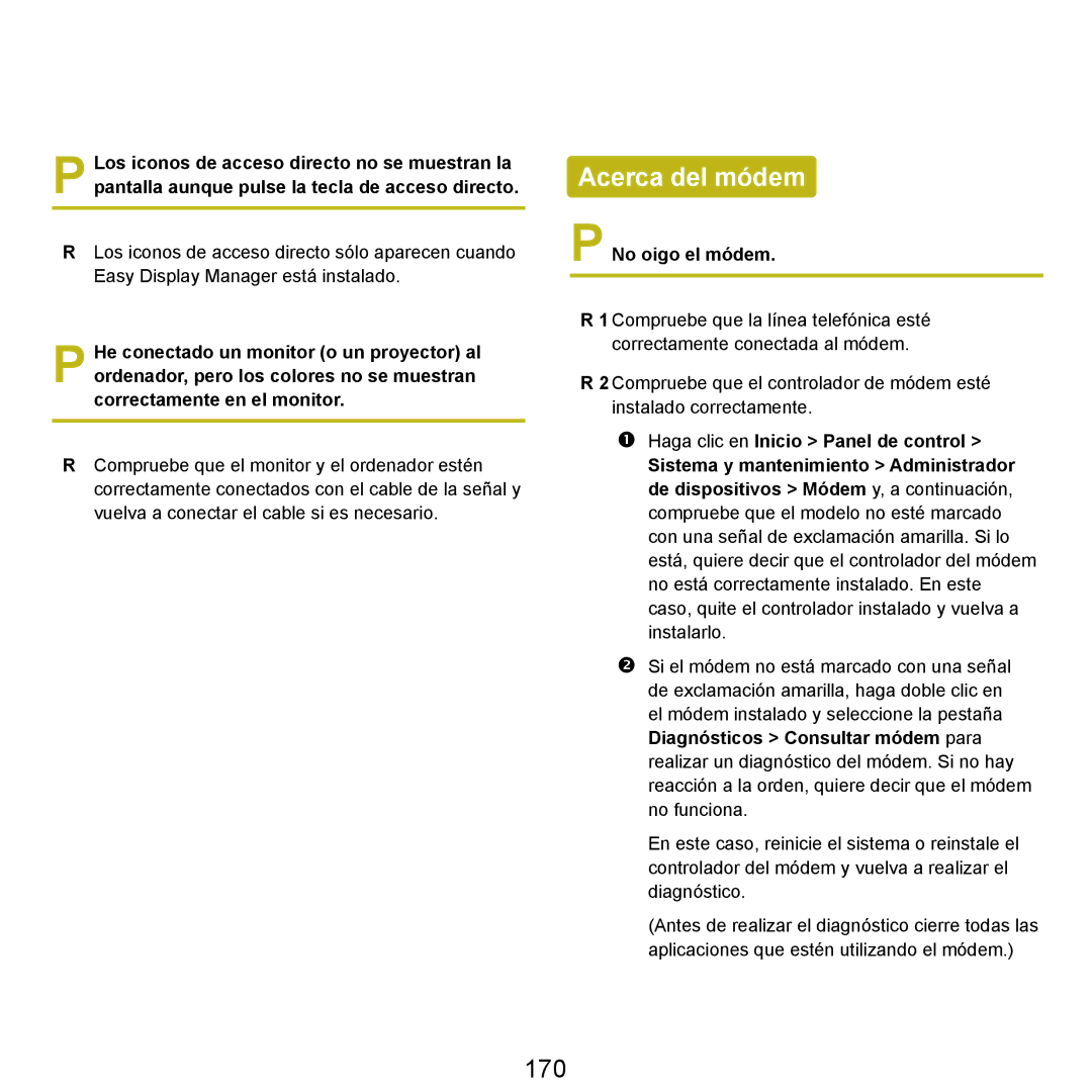 Samsung NP-X65A003/SES, NP-X65A002/SES, NP-X65A000/SES, NP-X65A001/SES manual Acerca del módem, 170, No oigo el módem 