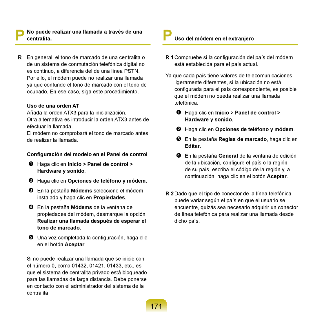 Samsung NP-X65A002/SES, NP-X65A000/SES 171, No puede realizar una llamada a través de una centralita, Uso de una orden AT 