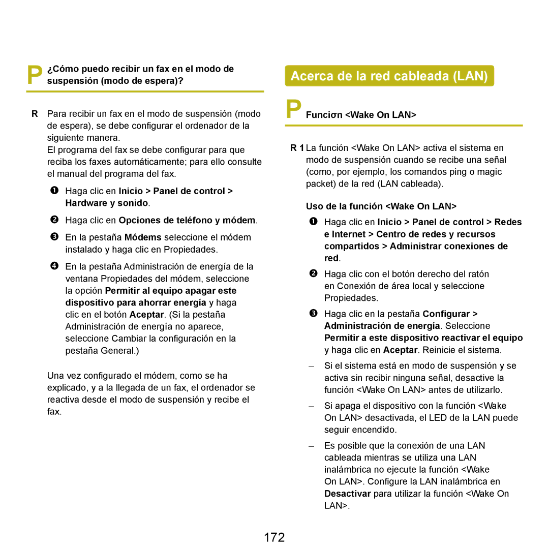 Samsung NP-X65A000/SES, NP-X65A002/SES, NP-X65A001/SES manual Acerca de la red cableada LAN, 172, Funciσn Wake On LAN 