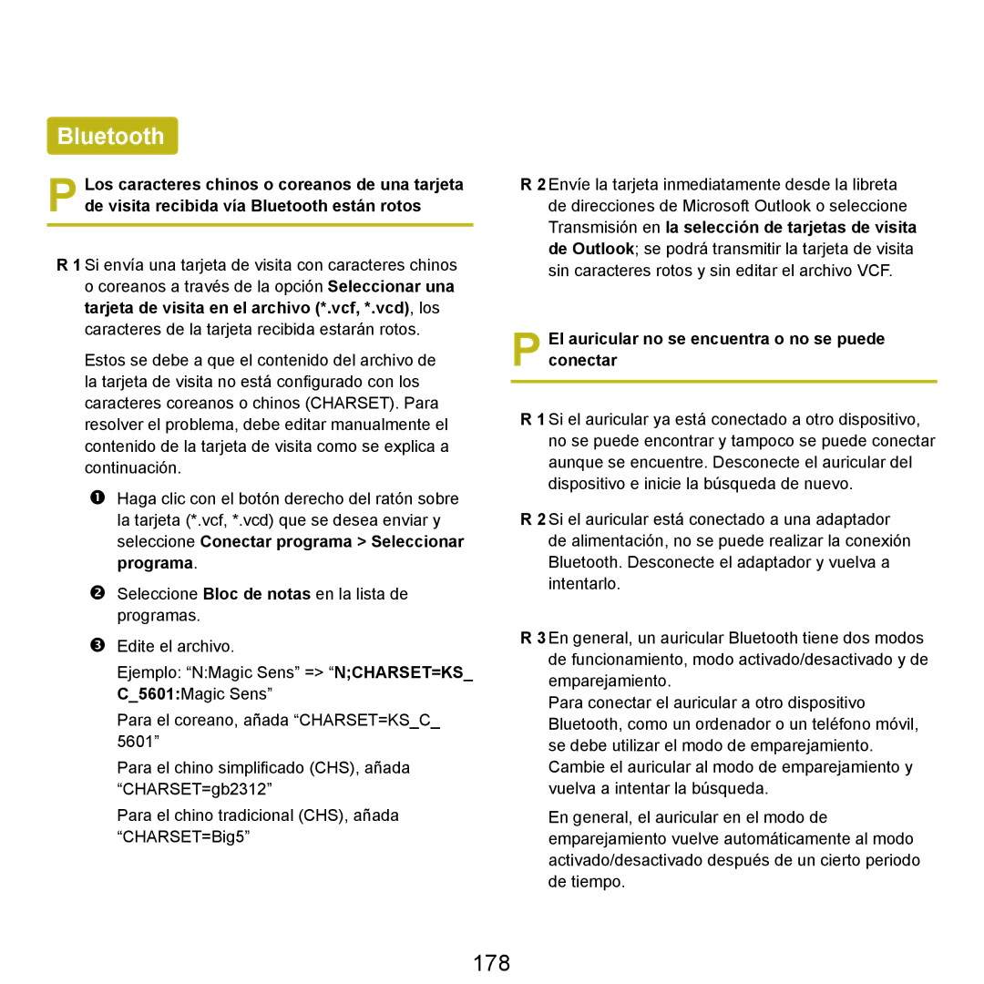 Samsung NP-X65A003/SES, NP-X65A002/SES, NP-X65A000/SES Bluetooth, 178, El auricular no se encuentra o no se puede conectar 