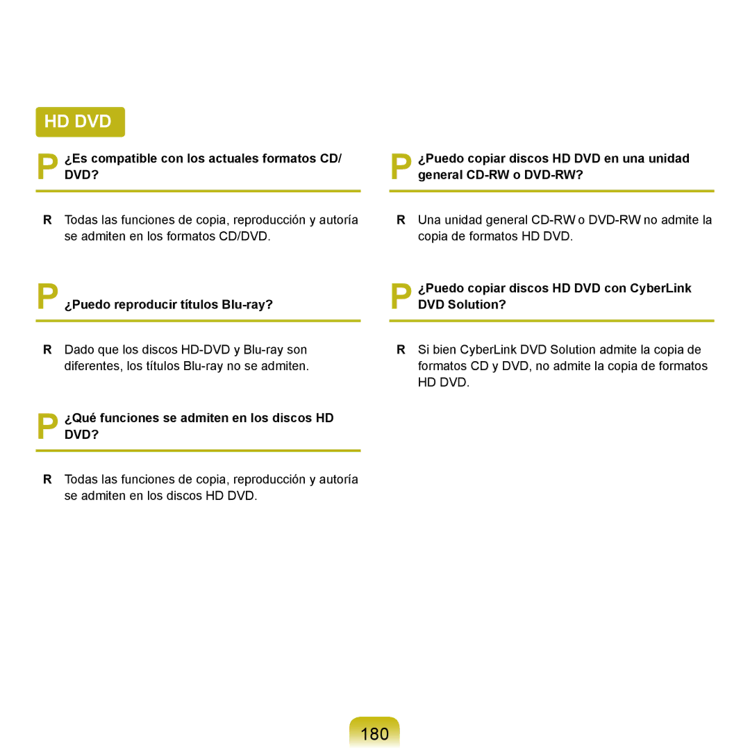 Samsung NP-X65A000/SES manual 180, ¿Es compatible con los actuales formatos CD/ DVD?, ¿Puedo reproducir títulos Blu-ray? 