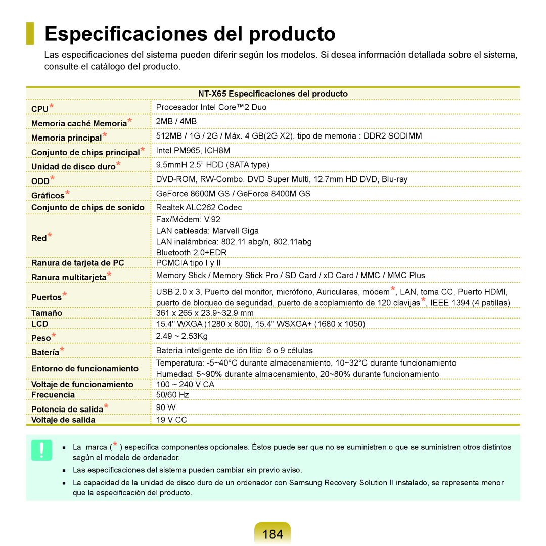 Samsung NP-X65A000/SES, NP-X65A002/SES, NP-X65A001/SES, NP-X65A003/SES manual Especificaciones del producto, 184 