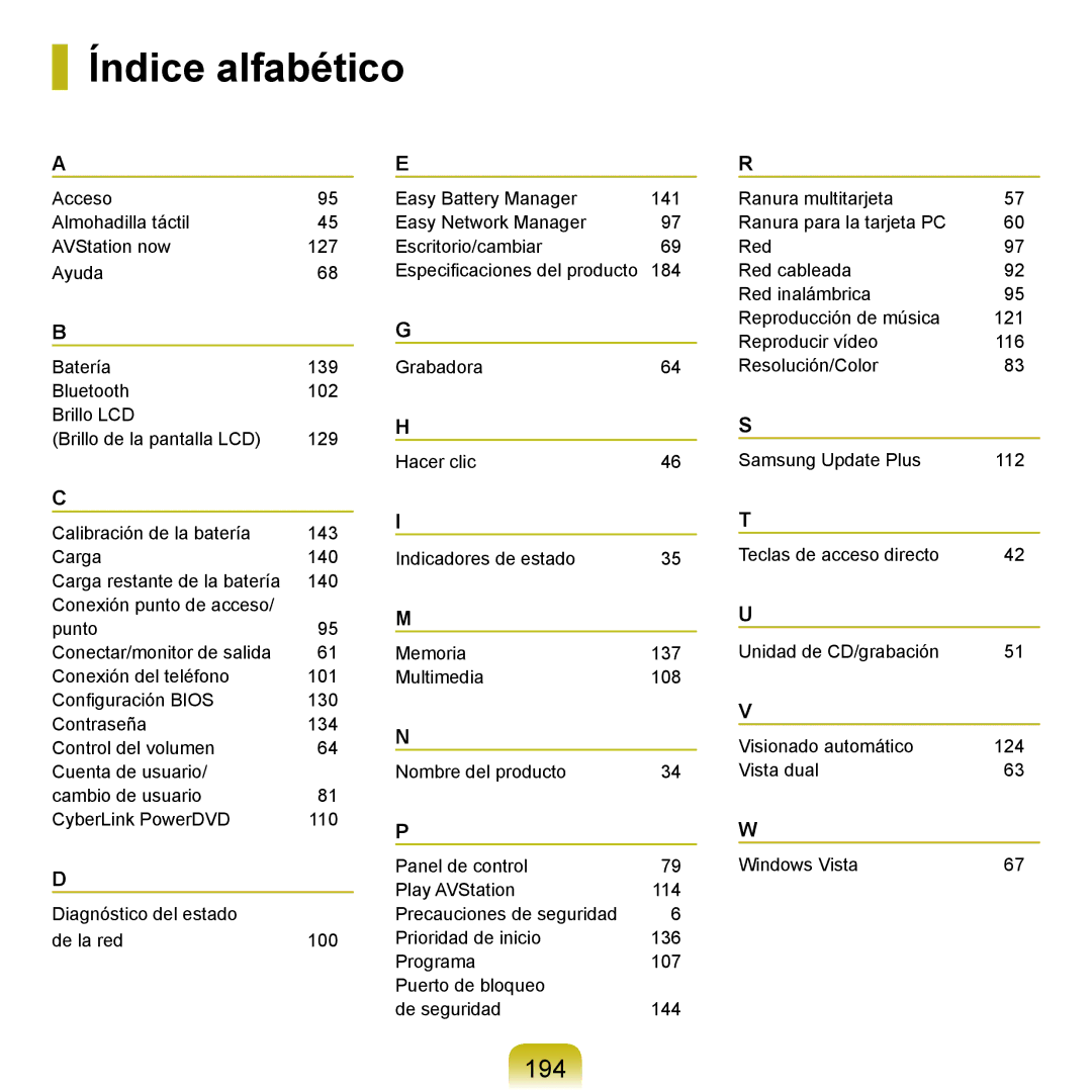 Samsung NP-X65A003/SES, NP-X65A002/SES, NP-X65A000/SES, NP-X65A001/SES manual Índice alfabético, 194 
