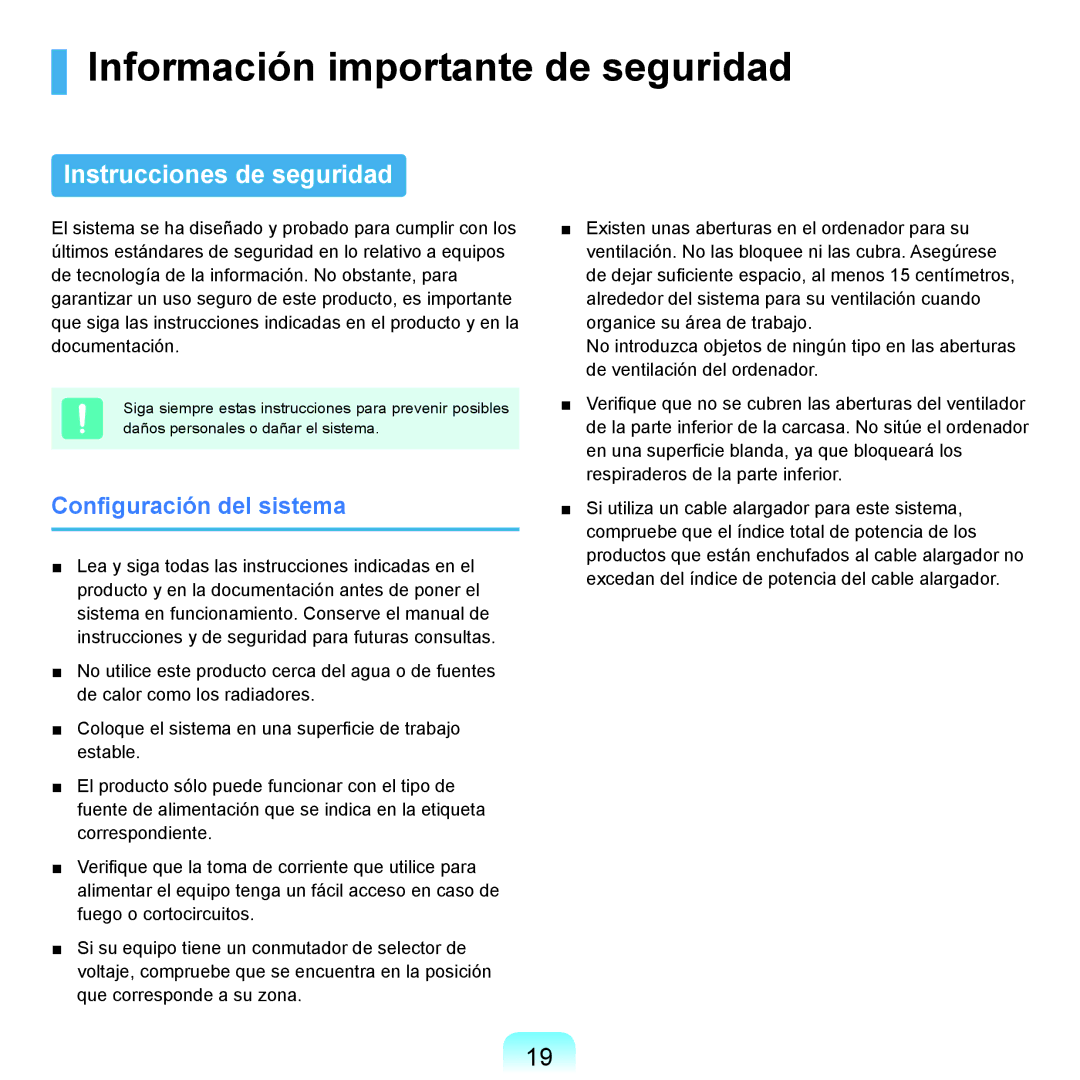 Samsung NP-X65A002/SES manual Información importante de seguridad, Instrucciones de seguridad, Configuración del sistema 