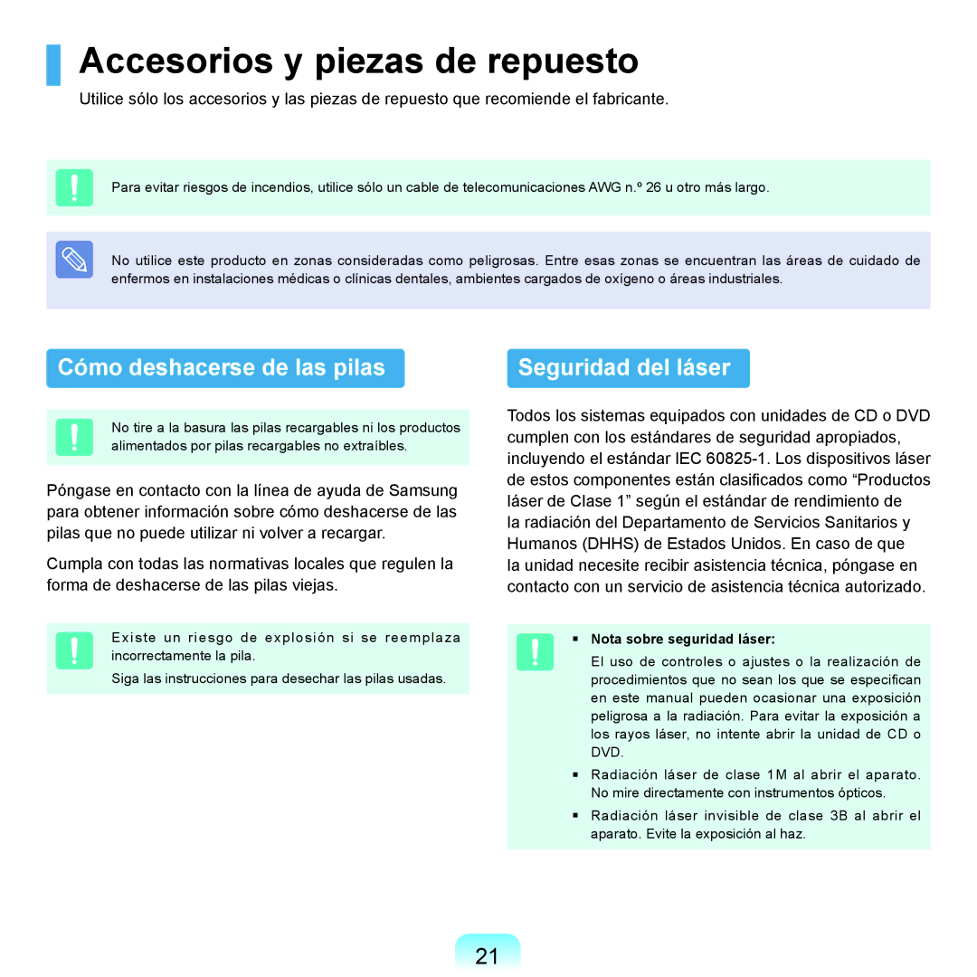 Samsung NP-X65A001/SES manual Accesorios y piezas de repuesto, Cómo deshacerse de las pilas, Nota sobre seguridad láser 