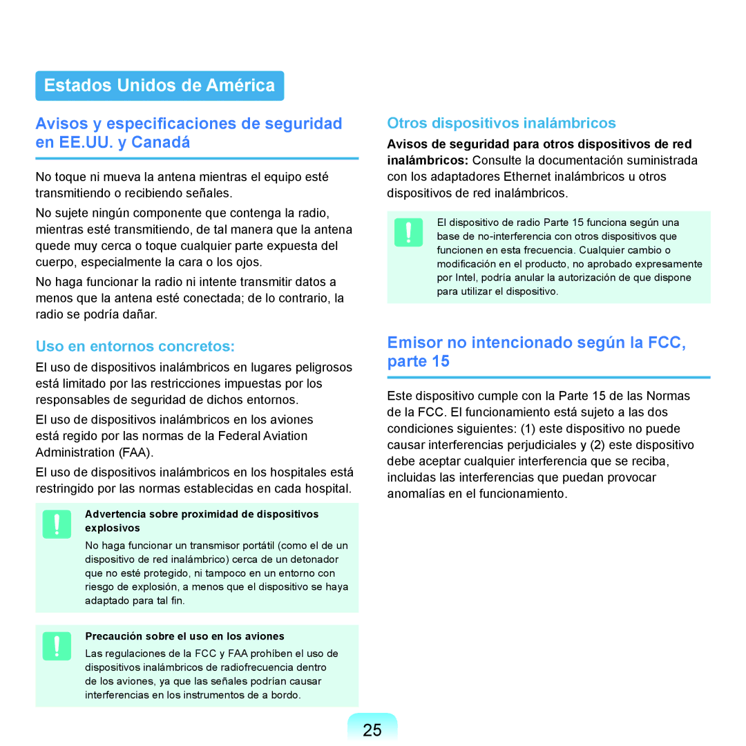 Samsung NP-X65A001/SES manual Estados Unidos de América, Avisos y especificaciones de seguridad en EE.UU. y Canadá 