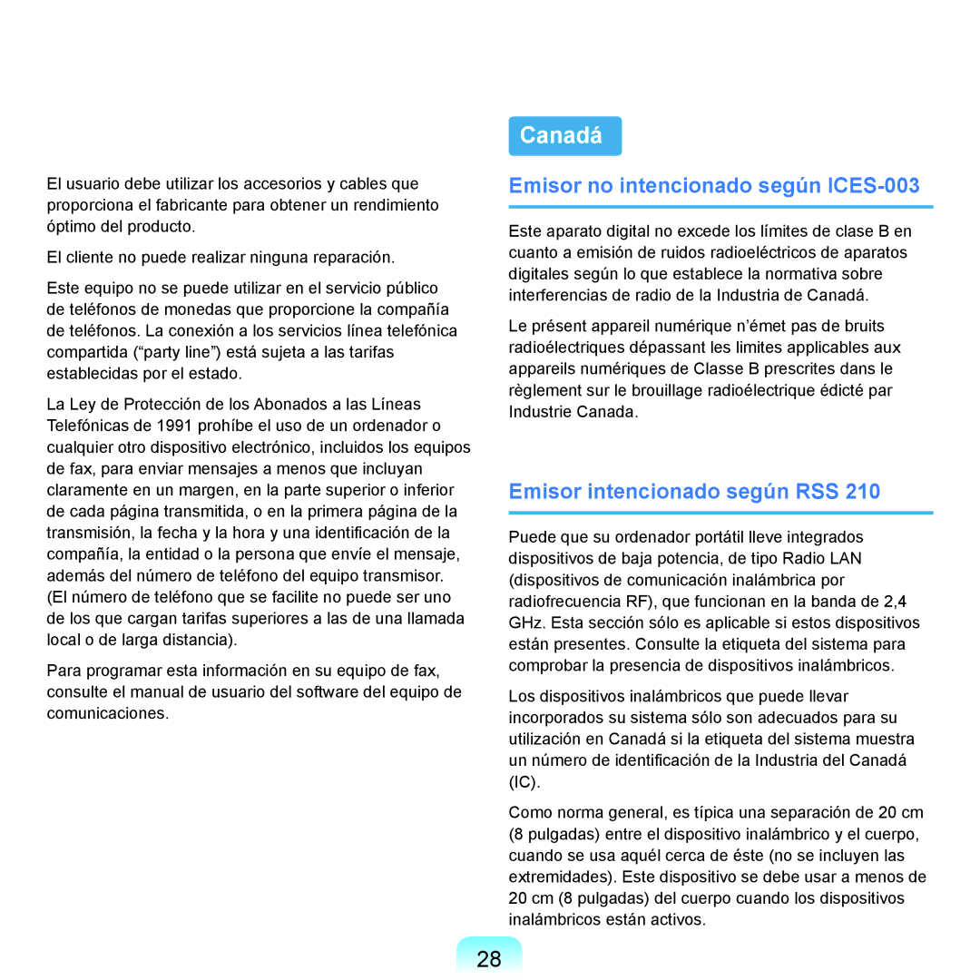 Samsung NP-X65A000/SES, NP-X65A002/SES manual Canadá, Emisor no intencionado según ICES-003, Emisor intencionado según RSS 