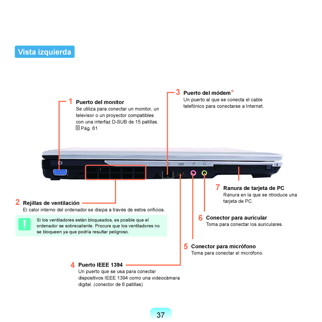 Samsung NP-X65A001/SES, NP-X65A002/SES, NP-X65A000/SES, NP-X65A003/SES manual Vista izquierda 