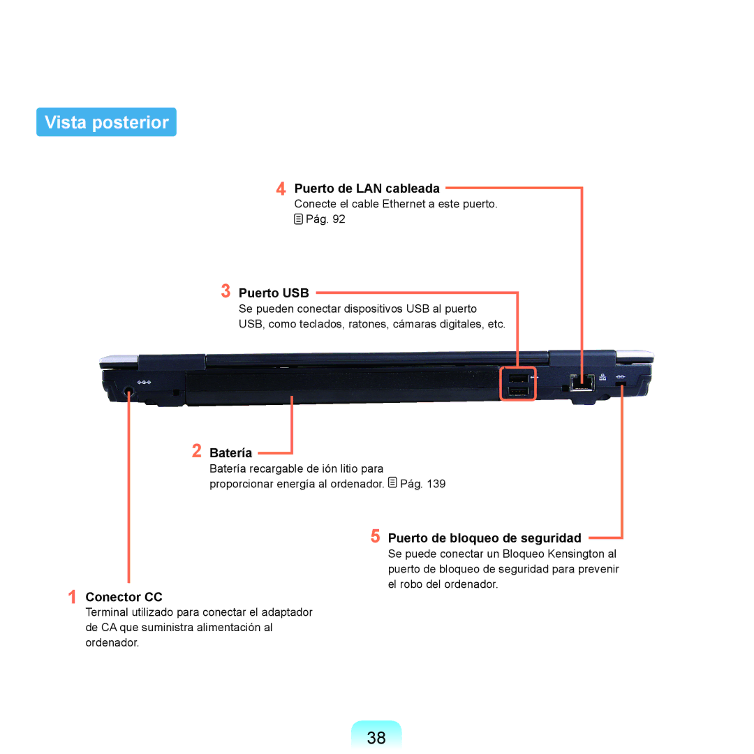 Samsung NP-X65A003/SES manual Vista posterior, Puerto de LAN cableada, Batería, Conector CC, Puerto de bloqueo de seguridad 