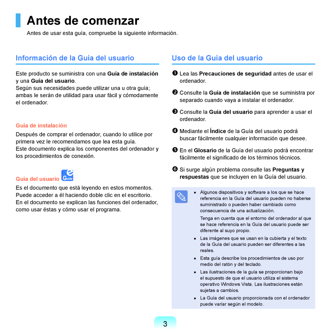 Samsung NP-X65A002/SES, NP-X65A000/SES Antes de comenzar, Información de la Guía del usuario, Uso de la Guía del usuario 