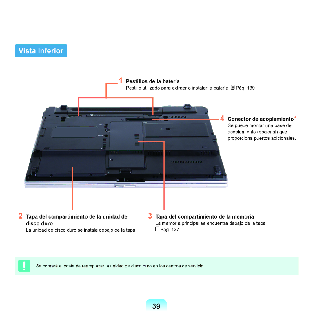 Samsung NP-X65A002/SES, NP-X65A000/SES, NP-X65A001/SES Vista inferior, Pestillos de la batería, Conector de acoplamiento 