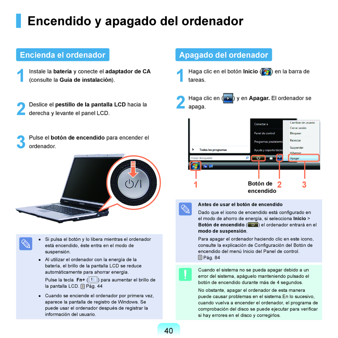 Samsung NP-X65A000/SES, NP-X65A002/SES Encendido y apagado del ordenador, Encienda el ordenador, Apagado del ordenador 