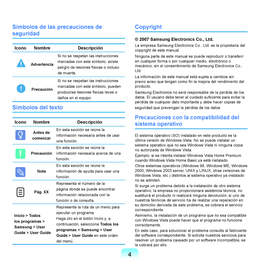 Samsung NP-X65A000/SES Simbolos de las precauciones de seguridad, Símbolos del texto, Copyright, Icono Nombre Descripción 