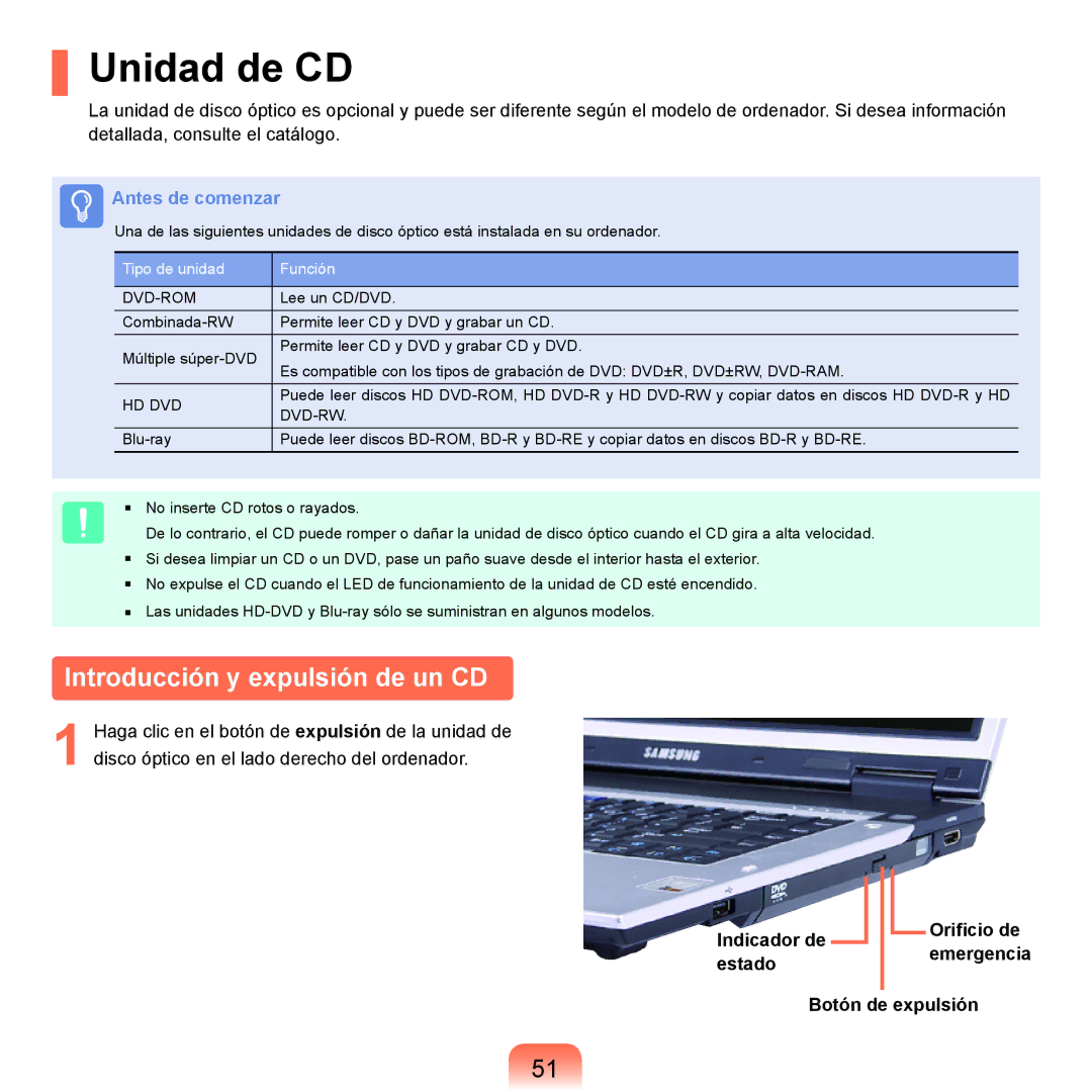 Samsung NP-X65A002/SES, NP-X65A000/SES, NP-X65A001/SES, NP-X65A003/SES manual Unidad de CD, Introducción y expulsión de un CD 