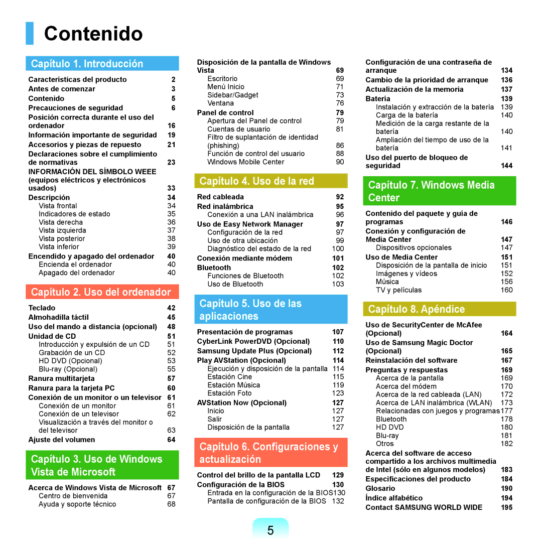 Samsung NP-X65A001/SES, NP-X65A002/SES, NP-X65A000/SES, NP-X65A003/SES manual Contenido 