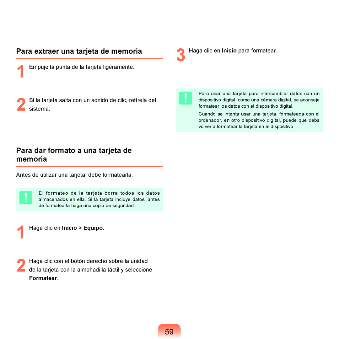 Samsung NP-X65A002/SES manual Para extraer una tarjeta de memoria, Para dar formato a una tarjeta de memoria, Formatear 