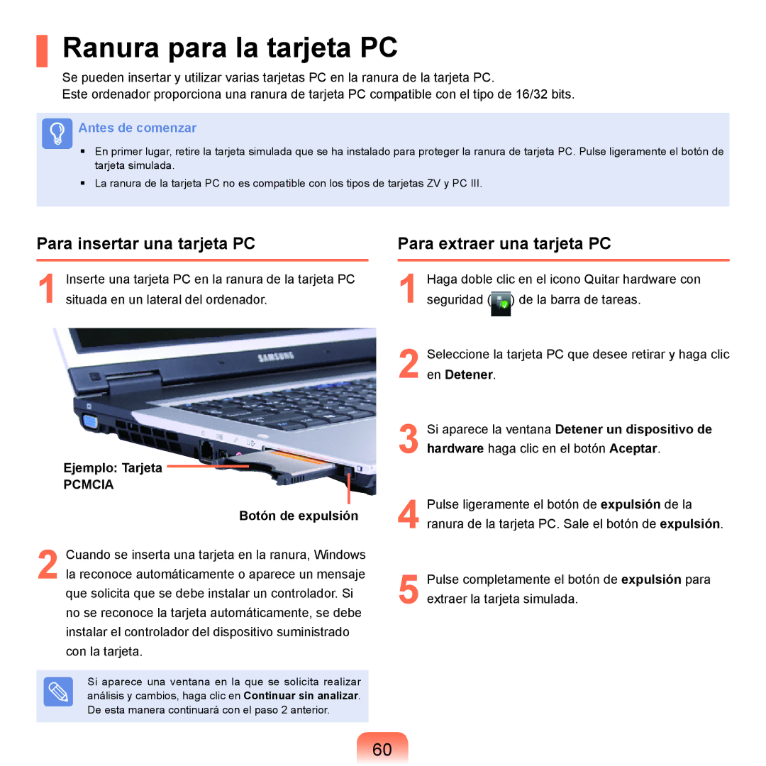 Samsung NP-X65A000/SES manual Ranura para la tarjeta PC, Para insertar una tarjeta PC, Para extraer una tarjeta PC 