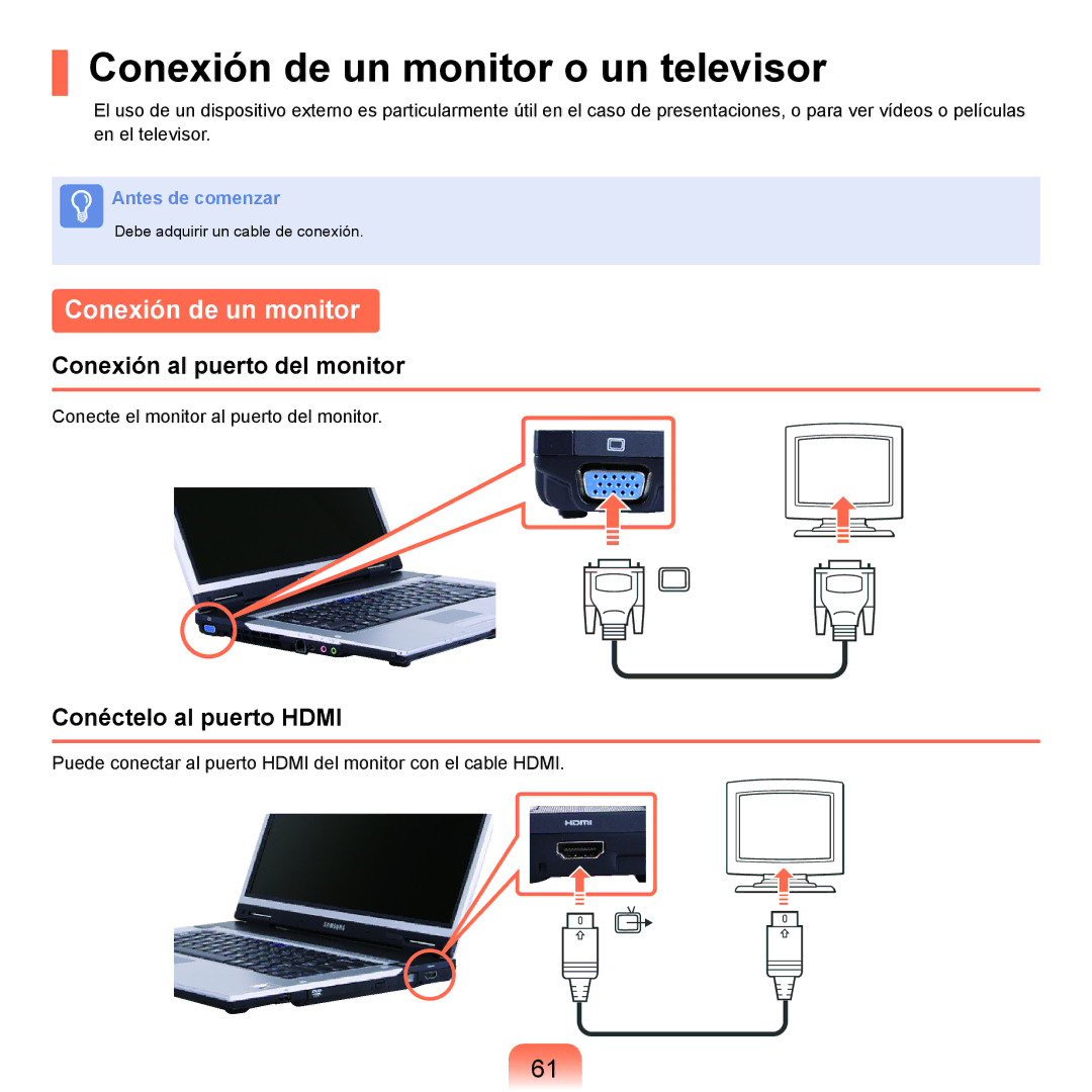 Samsung NP-X65A001/SES Conexión de un monitor o un televisor, Conexión al puerto del monitor, Conéctelo al puerto Hdmi 