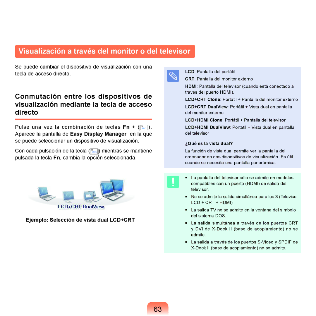 Samsung NP-X65A002/SES manual Visualización a través del monitor o del televisor, Ejemplo Selección de vista dual LCD+CRT 