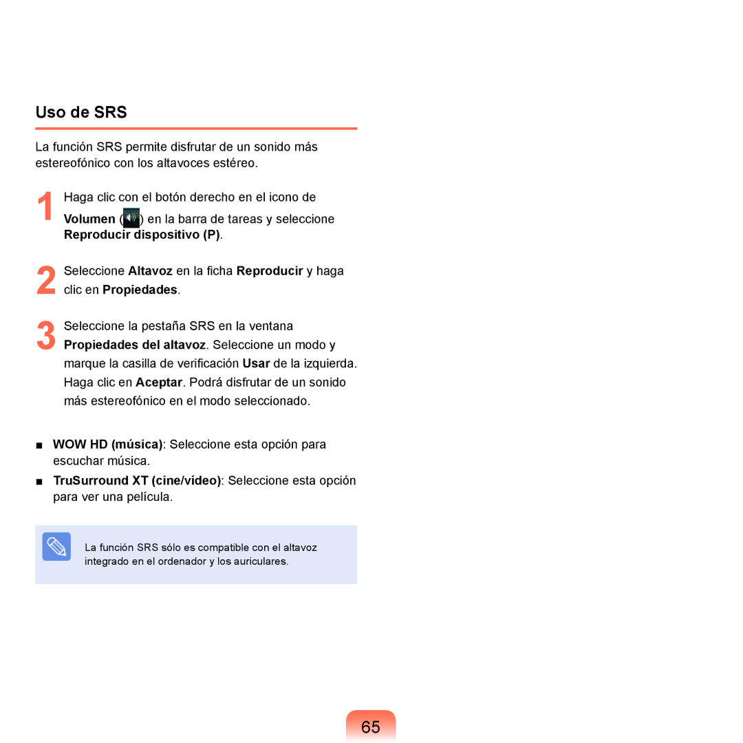 Samsung NP-X65A001/SES, NP-X65A002/SES, NP-X65A000/SES, NP-X65A003/SES manual Uso de SRS 