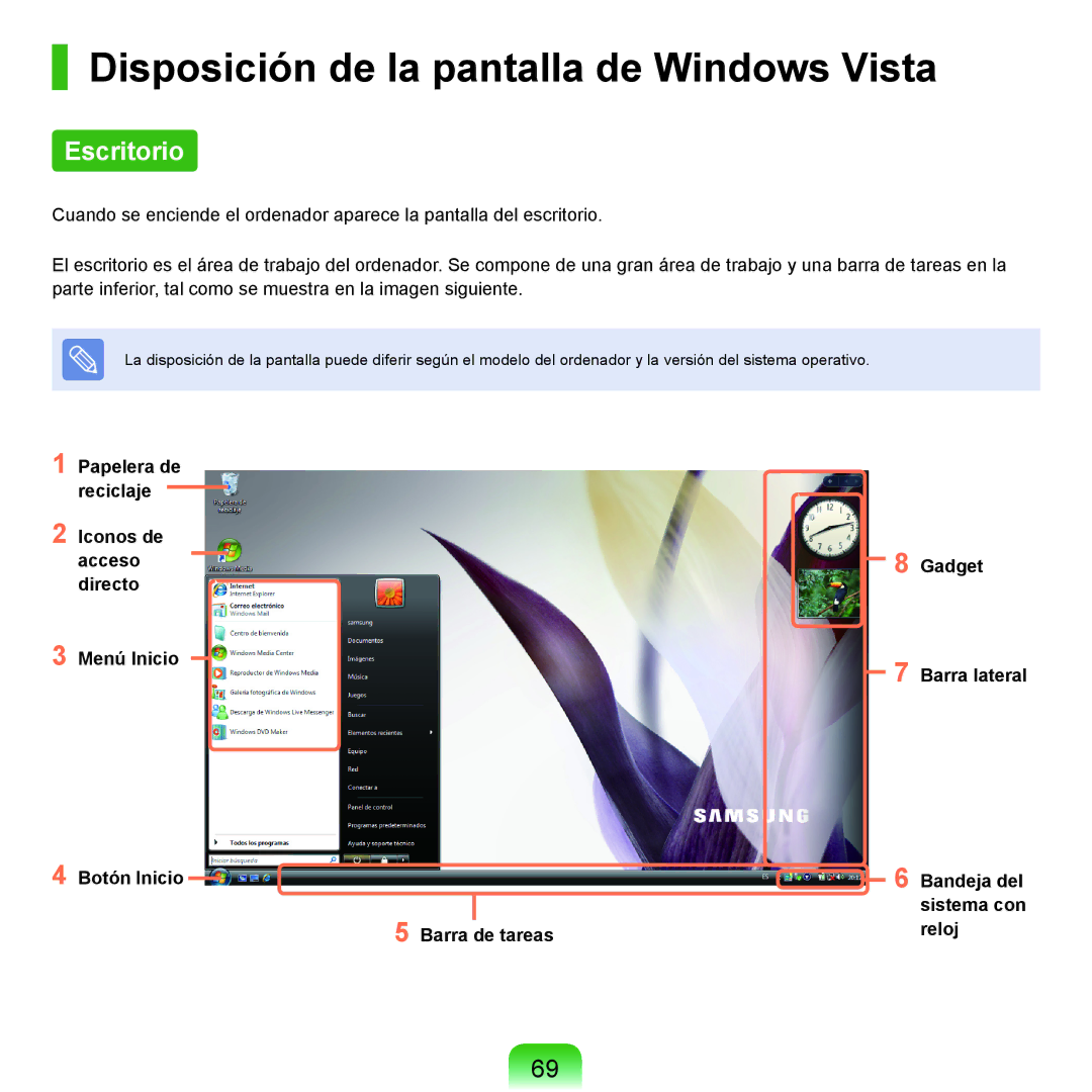 Samsung NP-X65A001/SES, NP-X65A002/SES, NP-X65A000/SES manual Disposición de la pantalla de Windows Vista, Escritorio 