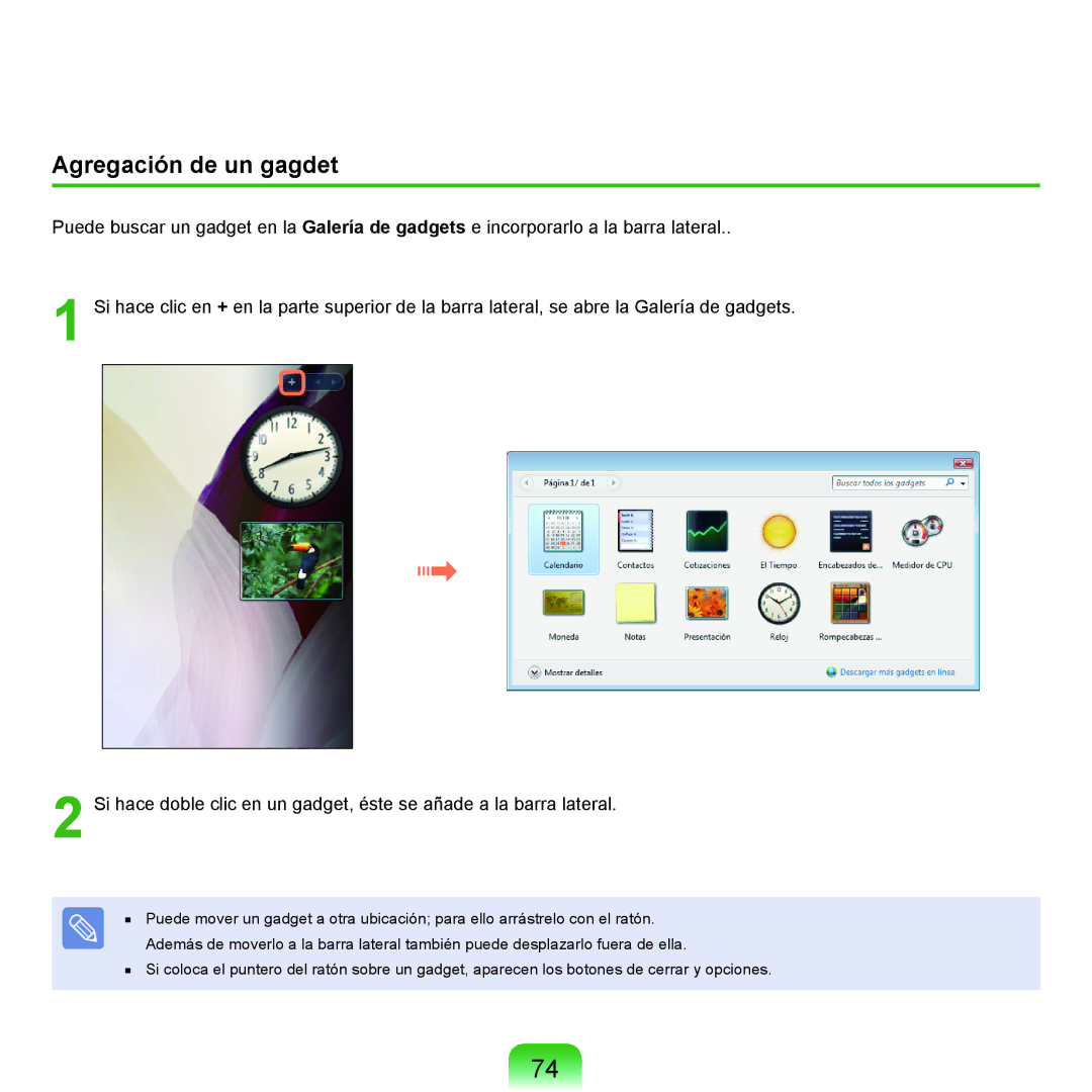 Samsung NP-X65A003/SES, NP-X65A002/SES, NP-X65A000/SES, NP-X65A001/SES manual Agregación de un gagdet 