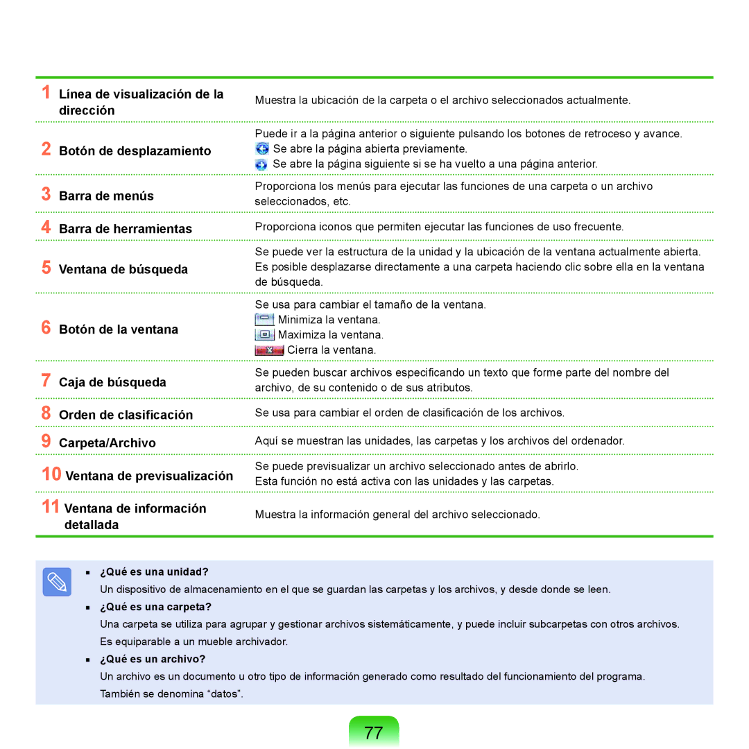 Samsung NP-X65A001/SES, NP-X65A002/SES, NP-X65A000/SES manual ¿Qué es una unidad?, ¿Qué es una carpeta?, ¿Qué es un archivo? 