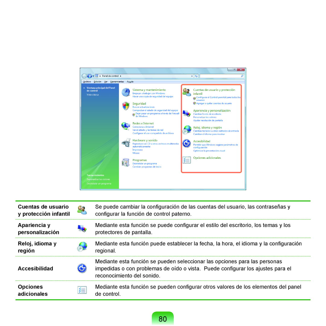 Samsung NP-X65A000/SES Cuentas de usuario, Protección infantil, Apariencia y, Personalización, Reloj, idioma y, Región 