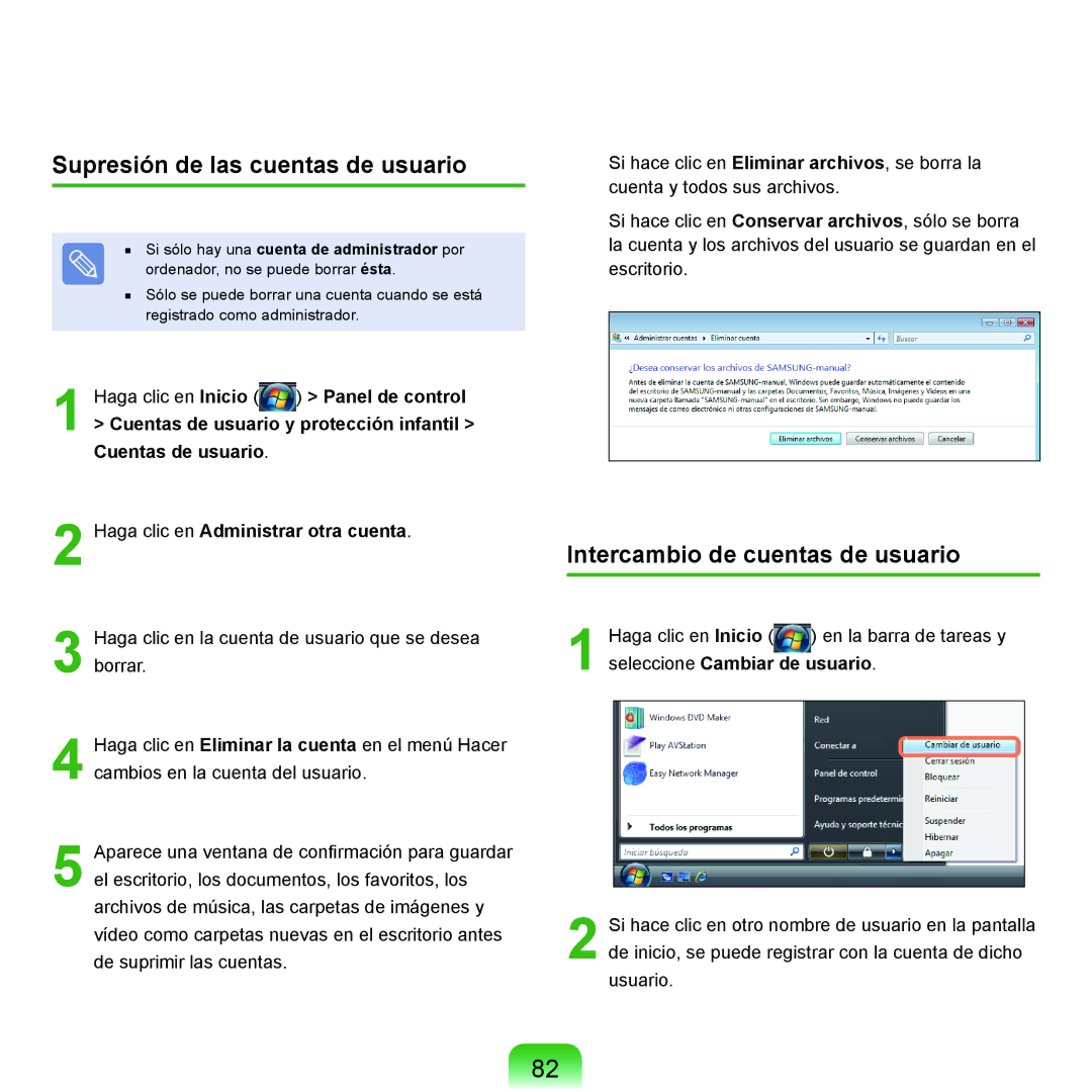 Samsung NP-X65A003/SES, NP-X65A002/SES manual Supresión de las cuentas de usuario, Intercambio de cuentas de usuario 