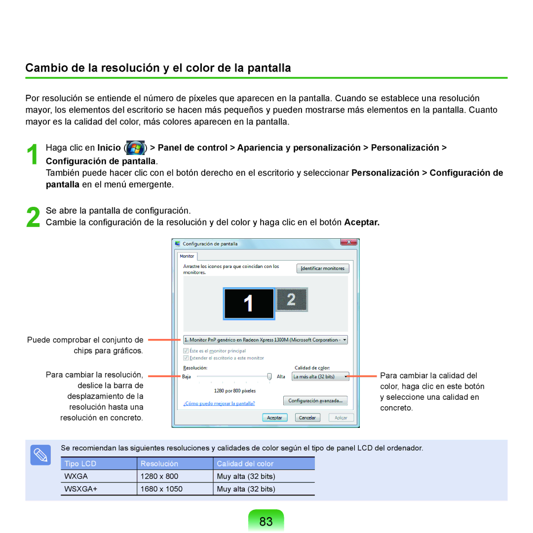 Samsung NP-X65A002/SES, NP-X65A000/SES, NP-X65A001/SES, NP-X65A003/SES Cambio de la resolución y el color de la pantalla 