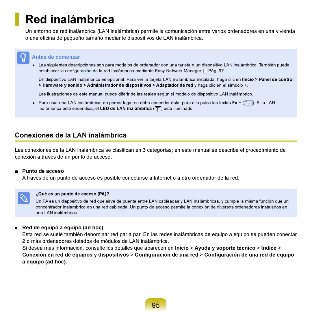 Samsung NP-X65A002/SES Red inalámbrica, Conexiones de la LAN inalámbrica, Punto de acceso, Red de equipo a equipo ad hoc 