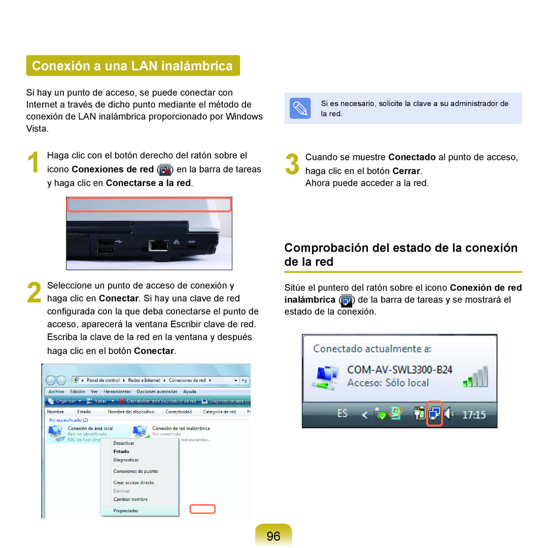 Samsung NP-X65A000/SES, NP-X65A002/SES Conexión a una LAN inalámbrica, Comprobación del estado de la conexión de la red 