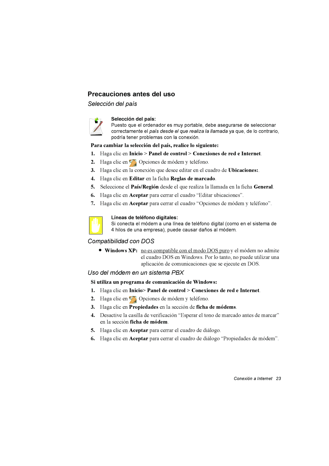 Samsung NP10FP018G/SES, NP10FP015A/SES manual Precauciones antes del uso, Selección del país, Líneas de teléfono digitales 