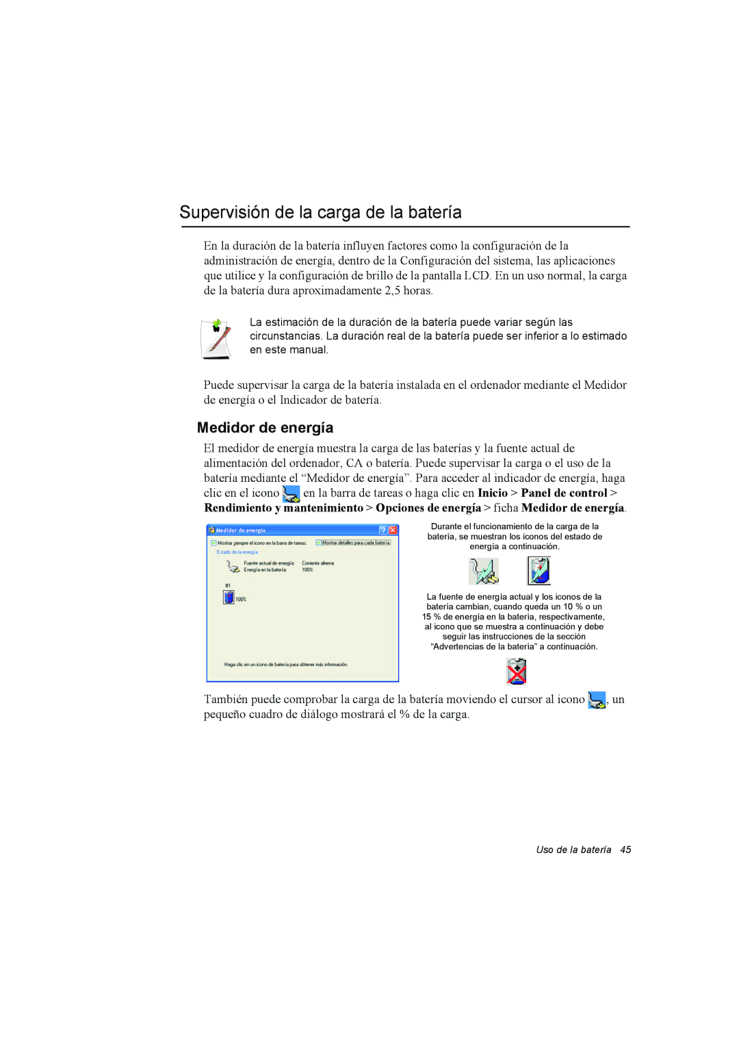 Samsung NP10FP033T/SES, NP10FP015A/SES, NP10FP03QZ/SES manual Supervisión de la carga de la batería, Medidor de energía 