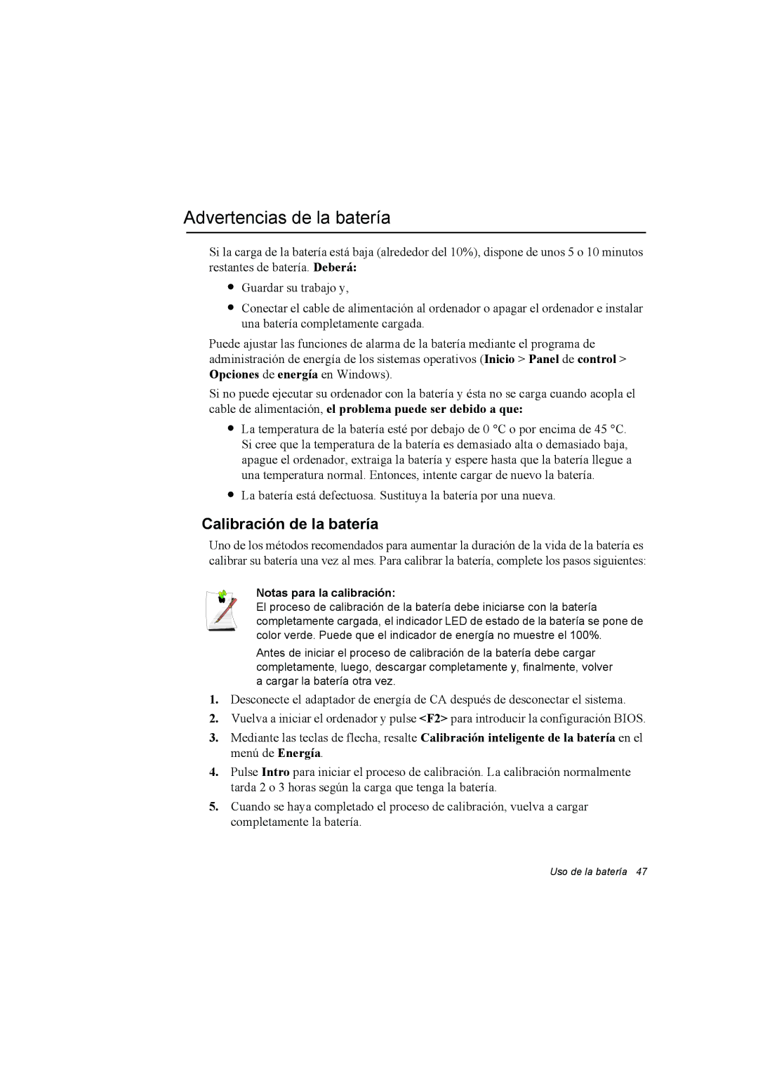 Samsung NP10FP018G/SES, NP10FP015A/SES Advertencias de la batería, Calibración de la batería, Notas para la calibración 