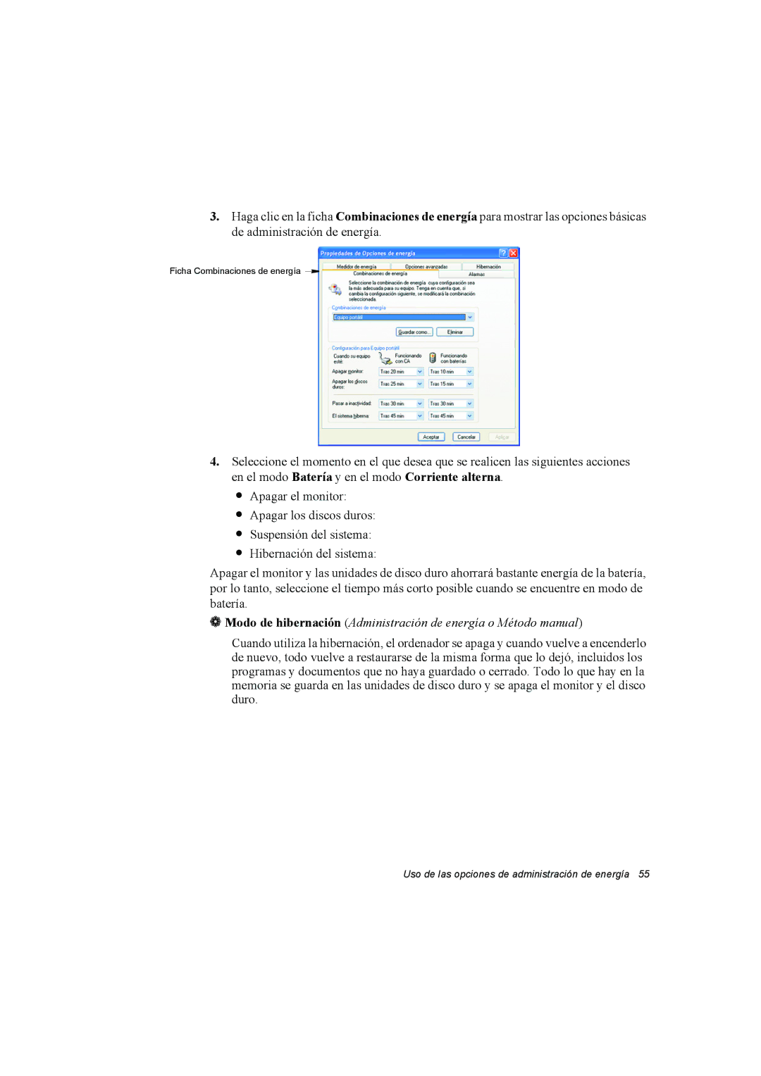 Samsung NP10FP00MF/SES, NP10FP015A/SES, NP10FP033T/SES, NP10FP03QZ/SES manual Uso de las opciones de administración de energía 