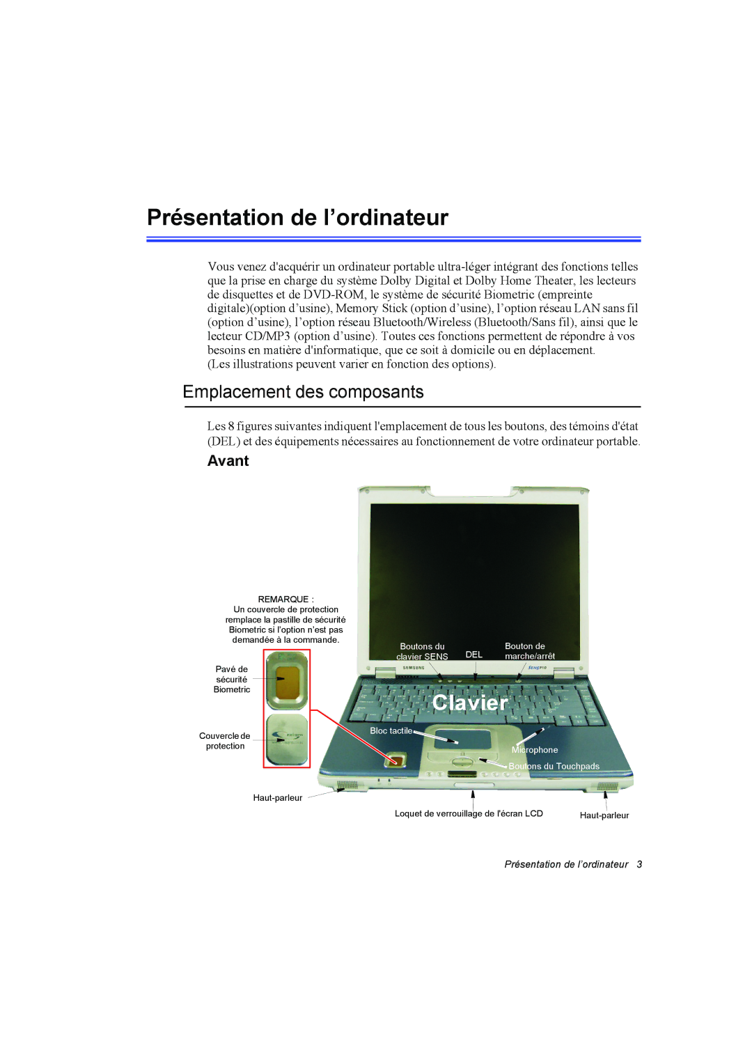 Samsung NP10FK00MF/SEF, NP10FP018N/SEF, NP10FP00UU/SEF manual Présentation de l’ordinateur, Emplacement des composants, Avant 