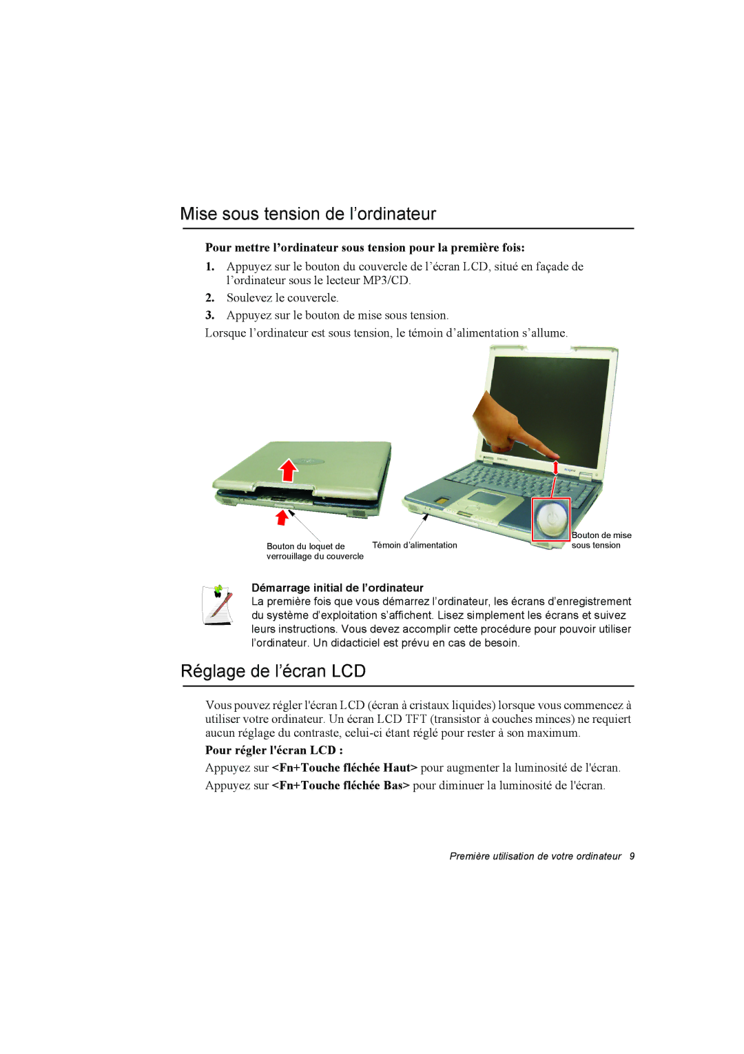 Samsung NP10FP03NV/SEF, NP10FP018N/SEF Mise sous tension de l’ordinateur, Réglage de l’écran LCD, Pour régler lécran LCD 