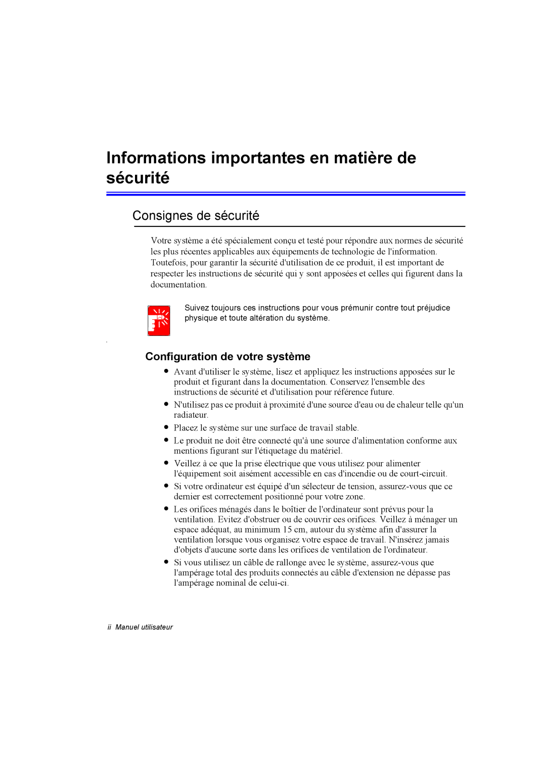 Samsung NP10FK00ME/SEF, NP10FP018N/SEF manual Informations importantes en matière de sécurité, Consignes de sécurité 