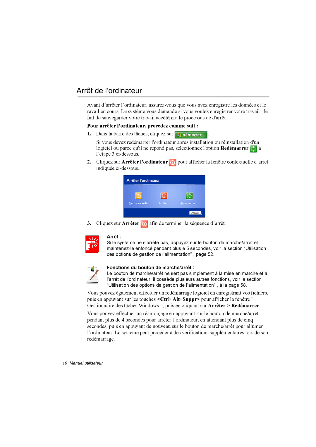 Samsung NP10FP04KD/SEF, NP10FP018N/SEF manual Arrêt de l’ordinateur, Pour arrêter l’ordinateur, procédez comme suit 