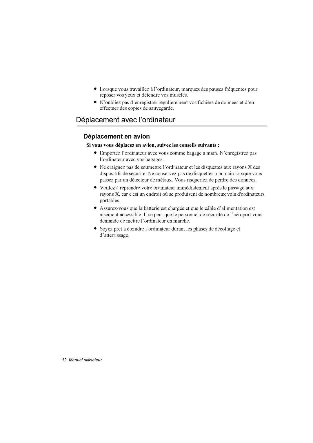 Samsung NP10FP00MF/SUK, NP10FP018N/SEF, NP10FP00UU/SEF, NP10FK00ME/SEF Déplacement avec l’ordinateur, Déplacement en avion 