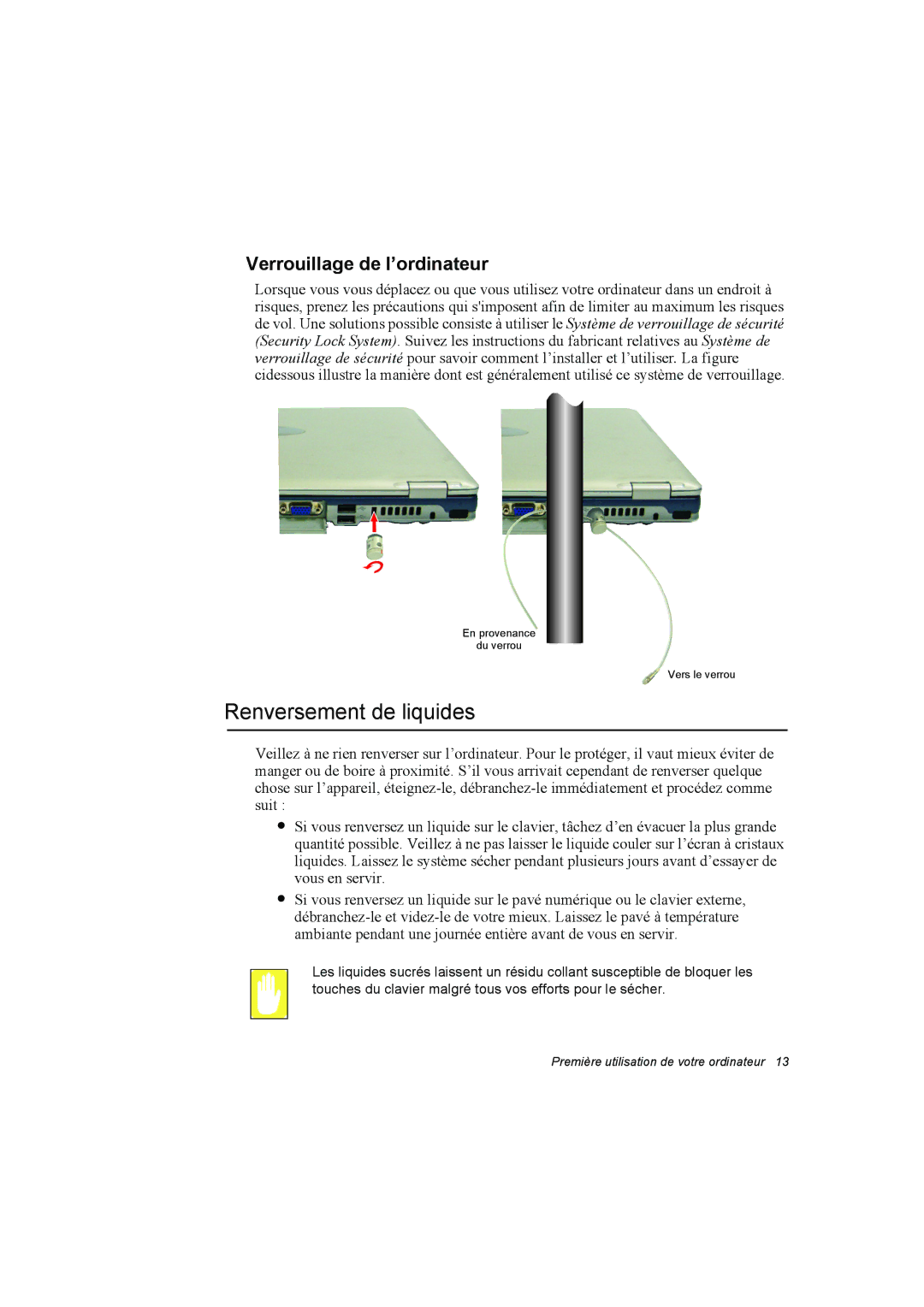 Samsung NP10FP00F2/SEF, NP10FP018N/SEF, NP10FP00UU/SEF manual Renversement de liquides, Verrouillage de l’ordinateur 