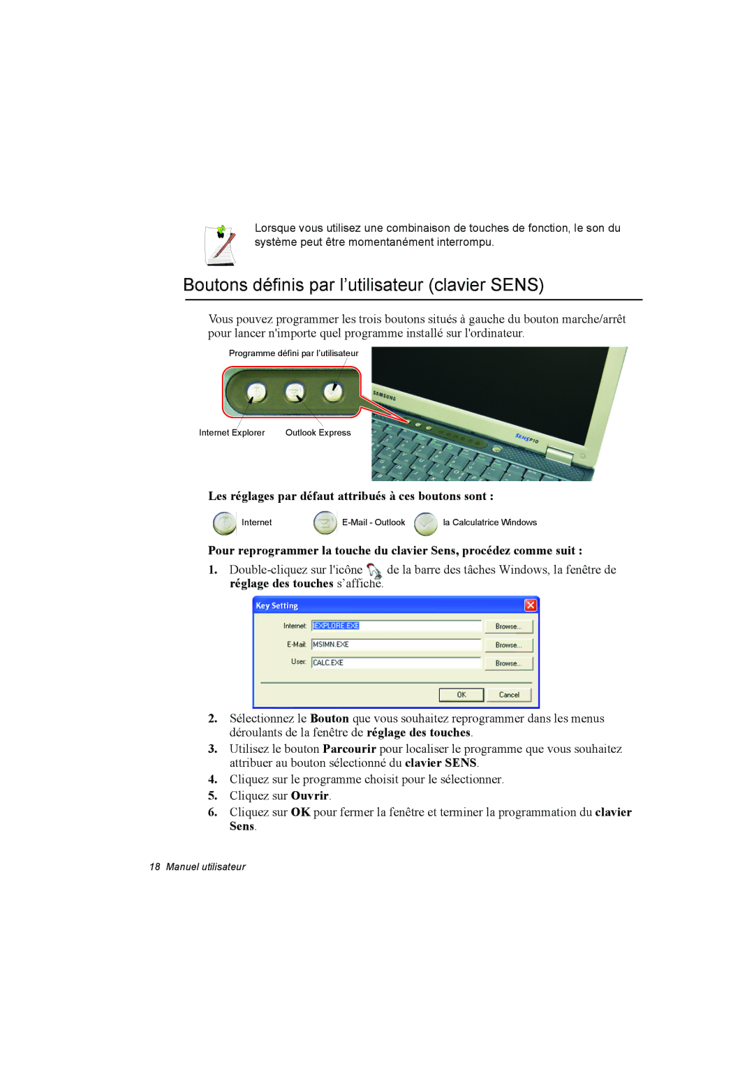 Samsung NP10FK00F3/SUK, NP10FP018N/SEF manual Boutons définis par l’utilisateur clavier Sens, Réglage des touches s’affiche 